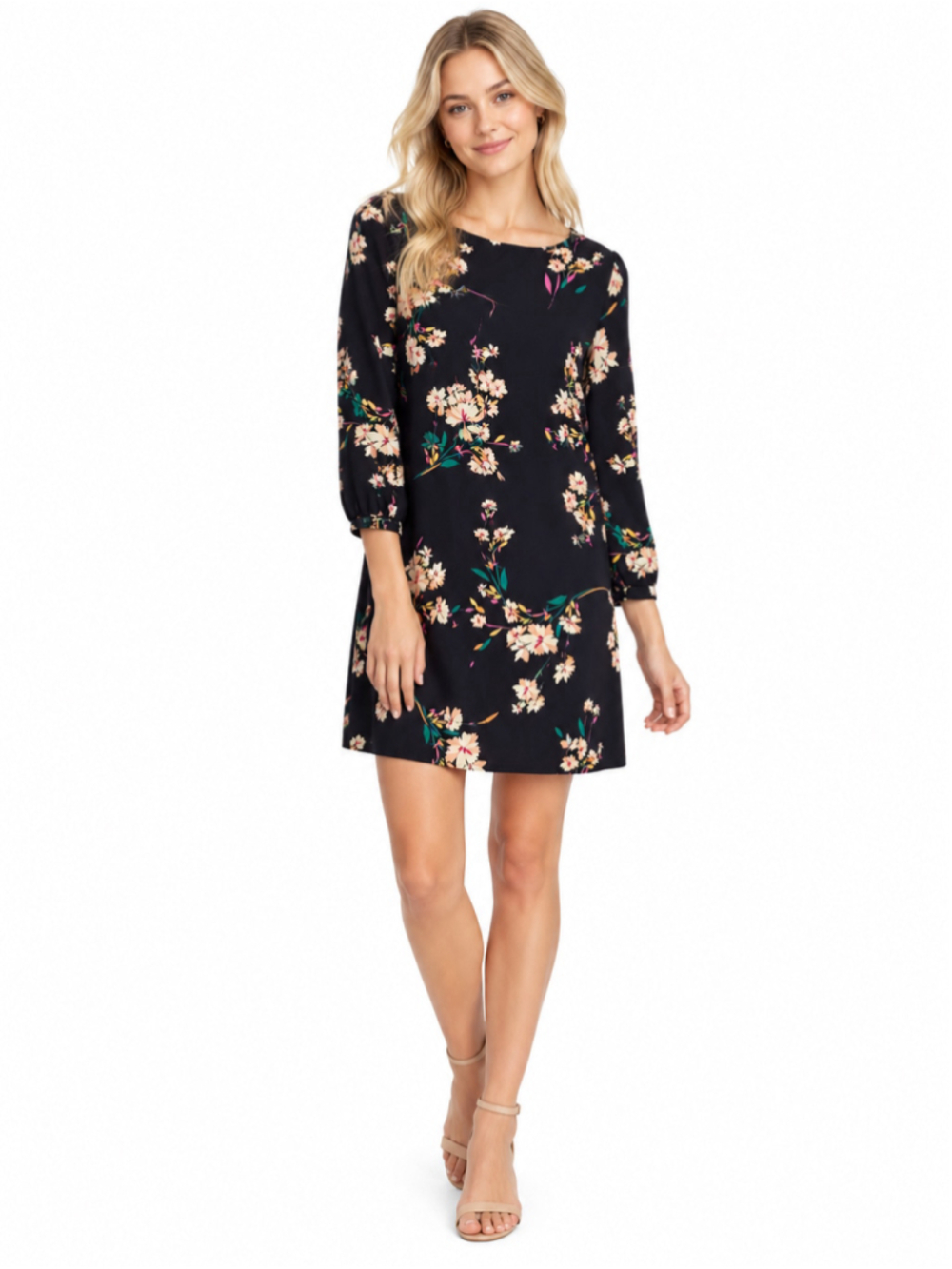 Lulus Floral Mini Shift Dress Size M Black and Beige